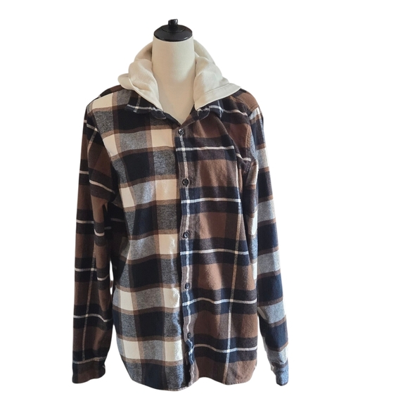 Hollister Women's L Hooded Split Plaid Shacket TwoTone Colorblock Cotton Flannel - Picture 4 of 16